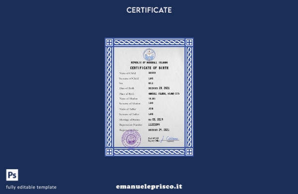 modello PSD del certificato di nascita dello stato di stato civile delle Isole M